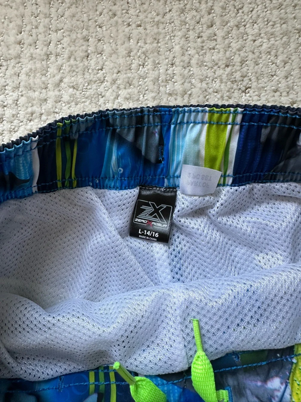 ZeroXposur Boys Blue and Neon Green Shark Swim Shorts